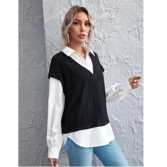 2 in 1 Black Knit Vest On White Button Up Shirt - Picture 3 of 12